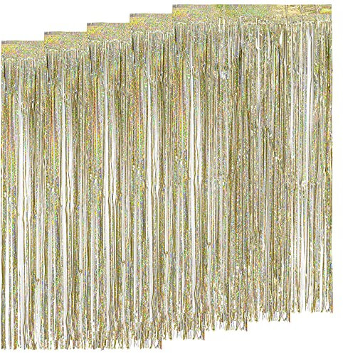 AIBAOBAO 5 Pack 3ft x 6.6ft Fringe Curtain Tinsel Backdrop, Laser Champagne Gold Foil Curtain Streamers for New Years Eve 2025, Carnival, Birthday Christma, Thanksgiving, Party, Wedding, Babyshower