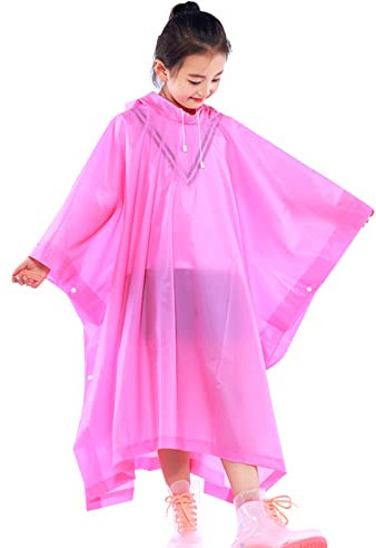 Kinder Regenponcho Wasserdicht, Wiederverwendbar EVA Kinder Regenmantel mit Kapuze Knöpfen für Mädchen Jungen, Leichte Klar Regenjacke Kleinkind Regencape für Schule Radfahren Camping (Rosenrot)