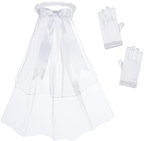 Bonnie Jean Schleier und Handschuhe für die Erstkommunion mit Perle und Paillettenbesatz, Weißer Perlenkranz, Einheitsgröße