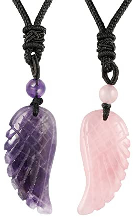 TUMBEELLUWA Natural Amethyst & Rose Quartz Crystal Necklaces 2pcs Carved Stone Pendants Amulet Set with Adjustable Cord for Men and Women, Amethyst & Rose Quartz Stone, amethyst & rose quartz stone