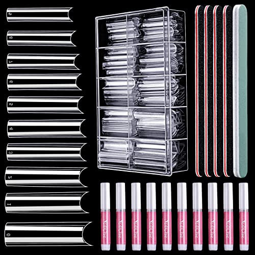 HNYYZL Extra Long Square ABS False Nail Tips, 240Pcs Kit with C Curve, Nail Glue, File for Salon Home DIY