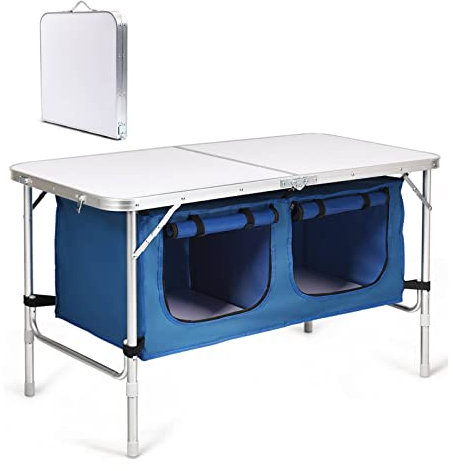 TANGZON Folding Camping Cupboard, 2-Level Height Adjustable Picnic Kitchen Table with Zippered Storage Organizer & Handle, Outdoor Portable Aluminum Storage Unit for Dining Fishing BBQ (White + Blue)