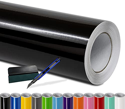 Folindo® Autofolie Schwarz Glanz (10€/m²) - 300 x 152 cm - Selbstklebende Car Wrapping Folie mit Luftkanälen - inkl. Rakel & Cutter - Blasenfreie Auto Folierung - Hochwertige Vinylfolie