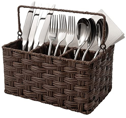 GRANNY SAYS Black Utensil Holder with Handle, Pack of 1 Cutlery Organiser Stand for Kitchen, Handwoven Wicker Utensil Holders & Organisers, Cutlery Caddy for Organising Forks Knives Spoons, Brown