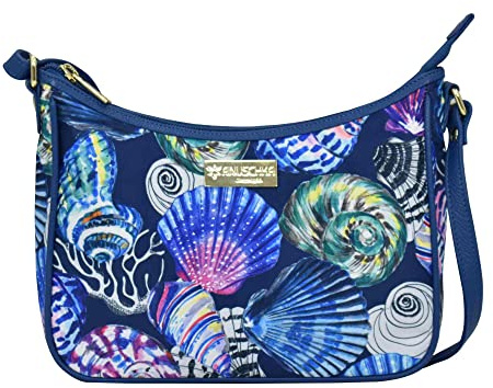 Anuschka East/West Hobo-Wanderlust-Kollektion, Nylongewebe mit Lederbesatz und Kunstdruck