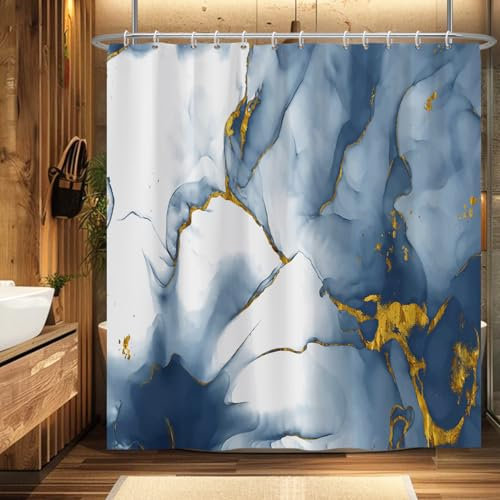 Ttincceer 180x200cm Rideau de Douche en marbre Ombre Bleu Encre marbre Rideau de Bain Aquarelle Bleu avec Motif Or Rideaux de Douche Rideau de Baignoire étanche