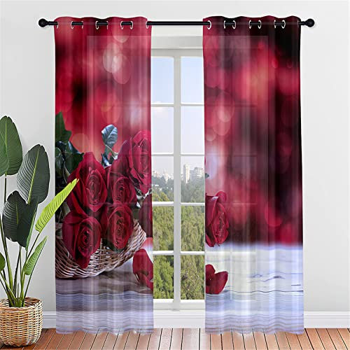 Hiseng Schiebegardinen Voile Vorhang Gardinen 2er Set, Rose Blume Druck Sheer Schiebevorhänge Lichtdurchlässig Flächenvorhänge für Wohnzimmer Schlafzimmer Fensterschal (140x213cm,Rote Rose)