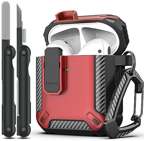 RFUNGUANGO Compatible with AirPods Case Cover with Cleaner Kit, Military Hard Shell Protective Armor with Lock Compatible with AirPod Gen 1&2 Charging Case,Red
