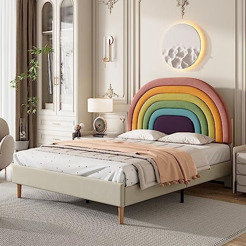 Azkoeesy Polsterbett 140 x 200 cm mit Lattenrost, mit Kopfteil in Regenbogenform, Mädchenbett, Doppelbett, Jugendbett, Kinderbett, Samt-bezug, 140 x 200 cm, Beige