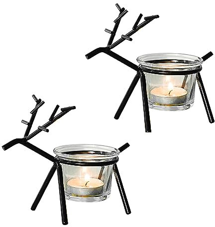 Weihnachtsdeko Elch Kerzenständer Teelichthalter Weihnachtlicher Elch Kerzenhalter Deko Wohnzimmer Hirsch Dekofigur Kerzenhalter Glas für Büro Wohnzimmer Esstisch Weihnachten (Schwarz-2pcs)