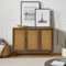 HULALA HOME Accent Storage Cabinet 3 Natural Rattan Doors & Wood Legs, 2-Tier Shelf Sideboard Buffet Boho Cupboard Console Table for Living Dining Room Entryway Hallway, ESPRESSO