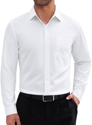 Alimens & Gentle Chemises habillées à Manches Longues pour Homme, Coupe Droite, infroissables, en Bambou, Chemises boutonnées, Tout en Blanc, Taille L