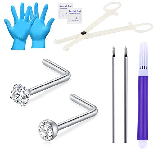 NIUSIMAN Nose Piercing Kit,18G Nose Rings Studs L Shape Nose Screw with 16G Piercing Kit Surgical Stainless Steel Nose Rings Nostril Nose Piercing Jewelry Kit for Women Men