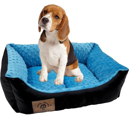 Odolplusz Hundebett Hundekorb Hundesofa | Antibakteriell & Geruchsneutral | Tierbett kleine Hunde | mit Silikonkugelnfüllung | Allergenfrei | 50x40 cm (schwarz + Minky blau)