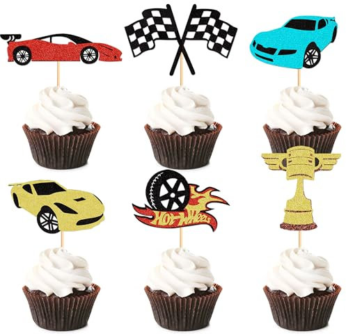 Blumomon 24Pcs Race Car Cupcake Toppers Glitter Wheel Trophy Flag Helmet Racing Car Cupcake Picks for Racing Sports Theme Baby Shower Boys Birthday Party Cake Supplies
