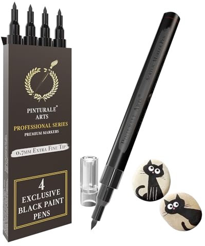 Pinturale Arts® Black Acrylic Paint Pen | Set 4 Black Paint Pen Extra Fine Tip 0,7mm For Ceramics, Stones, Glass, Wood, Canvas