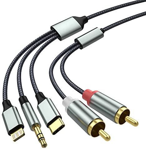 Cavo RCA per telefono, cavo da 2 RCA a jack da 3,5 Cavo audio da USB tipo C a 2 RCA (cavo 3 in 1 RCA) per telefono Tablet PC Lettore MP3, Pod, amplificatore, altoparlante compatibile con Lightning