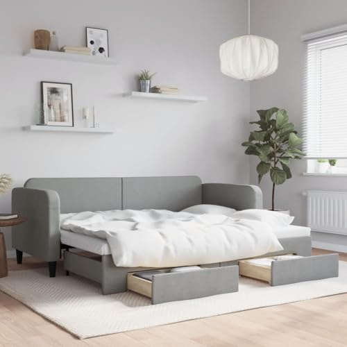 KOIECETA Tagesbett Ausziehbar mit Schubladen Hellgrau 80x200 cm Stoff