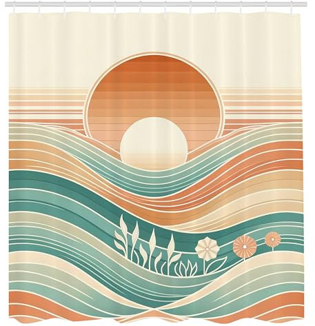 ABAKUHAUS Boho Duschvorhang, Funky Mid Century Modern Blumen Sonnenuntergang wellige Berglinien, Stoffliches Gewebe Badezimmerdekorationsset mit Haken, 175 x 200 cm, Dunkles Lachs Meeresschaum Beige