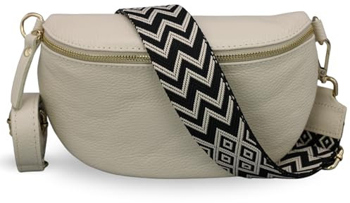 ADEL Bauchtasche Damen Echtleder Emma Gold Handgemachte Umhängetasche Crossbody Bag mit Optionalen Breiten Gemusterten Riemen Stylische Hüfttasche Made in Italy (Beige-Gold 4, Medium)