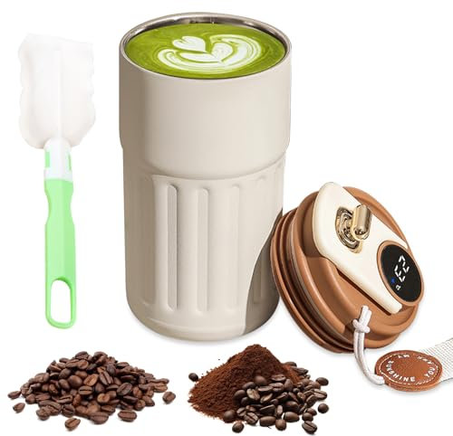 Termo Cafe Pequeño, 450ml Vaso Termo Cafe para Llevar, Taza Termica con Indicador LED de Temperatura, Taza Termo Cafe para Llevar con Tapa, Vaso Termico Cafe, Sin BPA (Café Blanco)