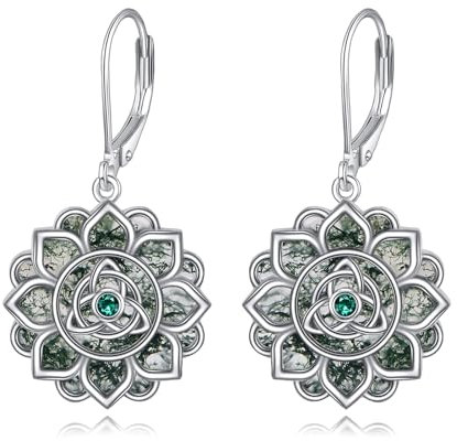 POPLYKE Moos Achat Lotus Ohrringe Sterling Silber Lotus Blume Tropfen Ohrringe Blume Schmuck Geburtstag Geschenk für Sie Frauen