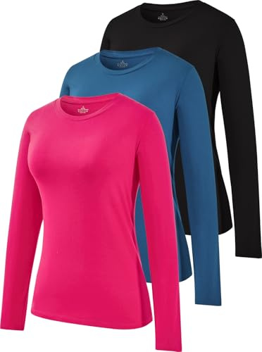 Ullnoy Cotton Long Sleeve T Shirts Women,Basic Ladies Thermal Tops 3 Pack | Casual,Crew Neck,Solid Color,Soft,Comfortable,Breathable,Lightweight,for Daily Wear,Workout,Spring/Fall/Winter