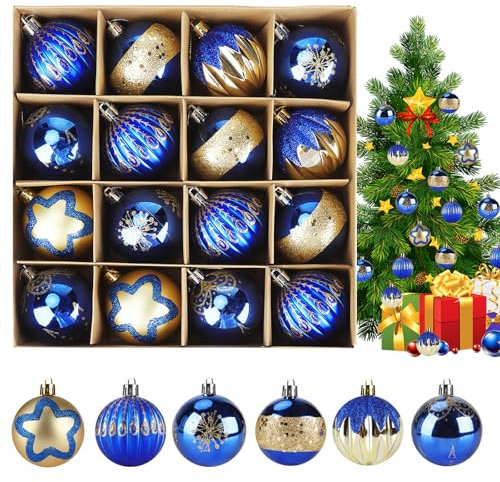 KIMIGO Palline di Natale blu e Oro,Confezione da 16 Palline di Natale Decorazione,Decorazioni Albero di Natale,Set Palline Albero Natale,Palle di Natale con Cordino,Matrimoni,Feste compleanno