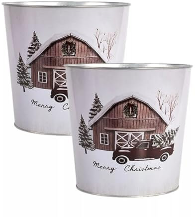 Fyne-Finds Set of 2 Merry Christmas Metal Tin Pail Car Scene 20cm, 8inch Plant Pot Festive Xmas Gift Planter