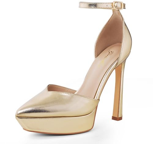 GENSHUO Zapatos de tacón alto para mujer, con plataforma de 13 cm, tacón de aguja de 13 cm, tacón de aguja cerrado, para fiesta de graduación, dorado, 41 EU