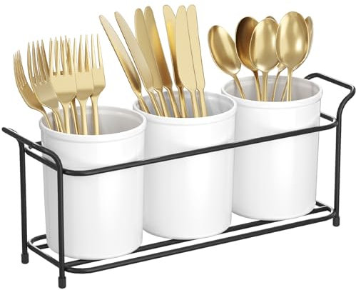 Lifewit 3-teiliger Besteckhalter mit Metallrahmen, Utensilienhalter für den Schrank/Arbeitsplatte, Küchenutensilienhalter Besteckkorb Tisch aus Kunststoff für Gabeln/Löffel/Messer, Weiß & Schwarz