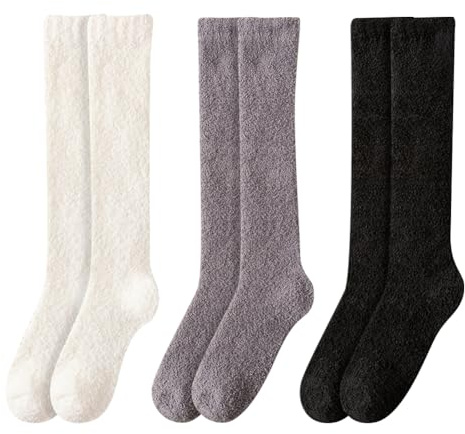 3 Pairs Women's Fluffy Knee High Socks Fuzzy Thigh High Socks Ladies Thick Warm Long Socks Winter Over Knee Socks Extra Long Cosy Bed Socks Leg Warmer Socks Fashion Boot Socks White Grey and Black