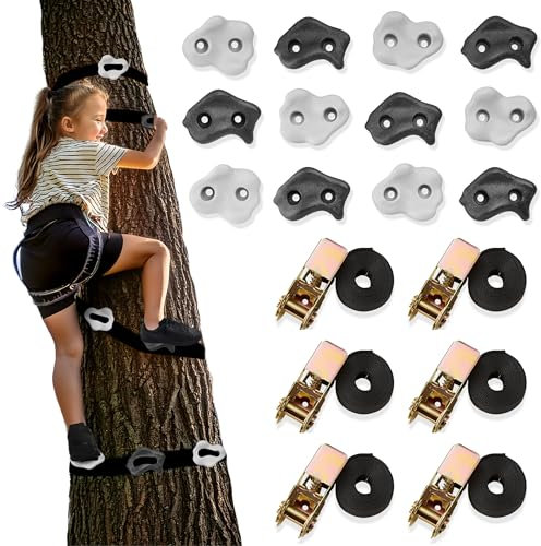HyperMotion HYP23 - Kit de Presas Escalada para Niños con 12 Enchufes y 6 Correas - Set Completo para Árboles con Trinquetes - Actividad Sensorial al Aire Libre - Resistente hasta 91 kg