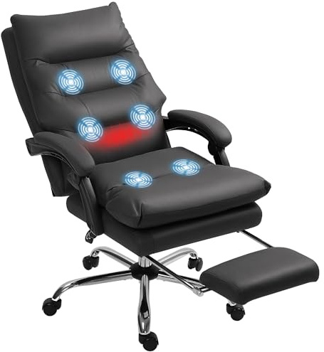 Vinsetto Bürostuhl mit Massagefunktion Ergonomischer Chefsessel mit Heizfunktion, Liegefunktion, Fußstütze Höhenverstellbar 360° Drehbar Computerstuhl, Mikrofaser, Schwarz