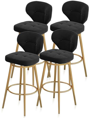 Gepolsterter, drehbarer Barhocker aus Samt, 4er-Set, bequemer Barhocker in Thekenhöhe für die Küche, moderner Esszimmerstuhl mit Rückenlehne für Kücheninsel, Café, Pub, Bartheke, Schwarz, go