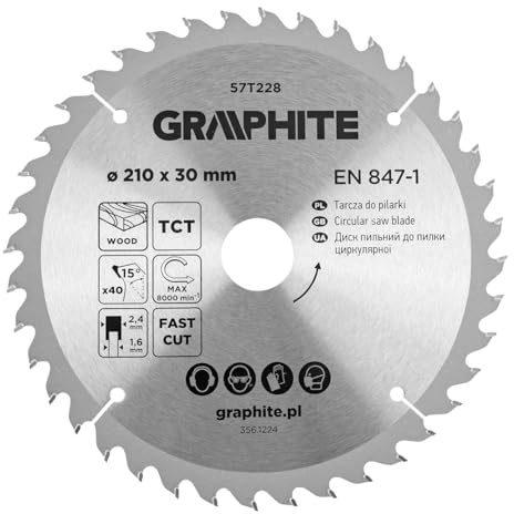 GRAPHITE Kreissägeblatt Widia, Hartmetall Sägeblatt für Holz, Spanplatte | MDF, Sperrholz & Aluminium, Präzise Schnitte, Inkl. Reduzierringe Sauber und Schnell