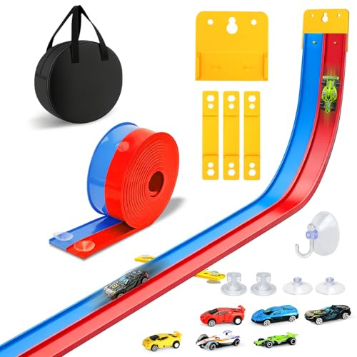 Flexible Rennbahn Kinder, 5M Autorennbahn Rennbahn Spielzeug ab 3 4 5 6 Jahre, Dual Rennstrecke Rampen für 1/64th Autos, Geschenke für Jungen und Mädchen (Rot Blau)