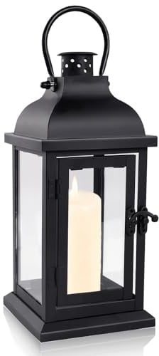 Dekorative Laternen Schwarz Grablaterne Friedhof Wetterfest für Draußen | Höhe 27cm, Metall & Glas Grabschmuck, Aufhängbar, Vintage Grablampe für Garten, Terrasse, Weihnachten, Halloween, Tischdeko