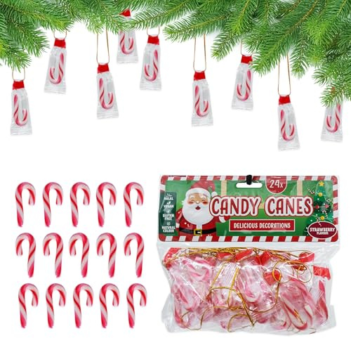 Mini Zuckerstangen Baumanhänger essbar Erdbeer Geschmack - 24 Stück - Candy Cane Weihnachtsbaum Anhänger zum Essen - Christbaum Schmuck Weihnachts Deko Süßigkeiten Bonbon