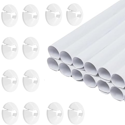 12 PCS ​​Radiator Pipe Covers and 12 PCS Pipe Collars​​ White 210mm x 15mm Thickened Radiator Sleeves Plastic Snap On Radiator Caps for Pipe Protection and Decoration