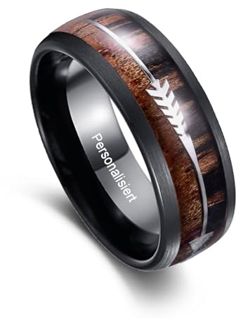 Vakki Personalisiert Ringe Herren, Schwarz, 8mm - Wolfram Ring mit Einlage aus Holz und Pfeil, Kuppelstil, Bequeme Passform Innen, für Hochzeiten, Alltag, Größe 71(22.6)