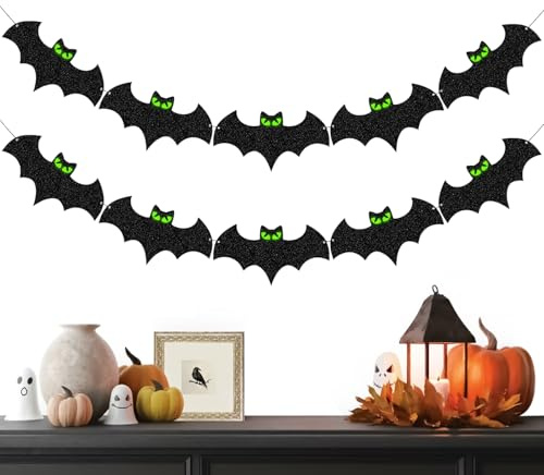 Hitburu Halloween Deko Girlande - 2,5 Meter Glitzer Dekoration | Leuchtende Schwarze Banner - Für Laden Garten Haus Party Fenster Straße Außenbereich Festival Veranstaltung