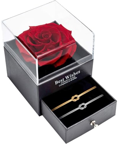 J.Fée Ewige Rose Partner Armbänder Set, Knoten Armband Damen Silber 925 Mit Rote Ewige Echte Rose Infinity Rosenbox,Geschenk Für Sie Damen, Geschenk Muttertag Für Mama, Silber+Gold