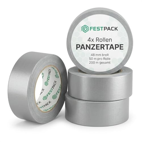FESTPACK Panzertape 4 Rollen 48 mm x 50 m – extra starkes Gewebeklebeband – wasserdicht & UV-beständig – Duct Tape Panzerband Reparaturband für Innen & Außen – silber