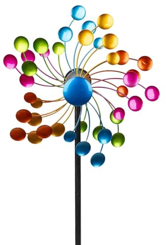 Kremers Schatzkiste Windrad Circle Garten Metall bunt kugelgelagert Windspiel Ø 25 cm / 112 cm mit Erdspieß | Wetterfeste Gartendeko für Beet, Rasen & Terrasse | Vogelabwehr
