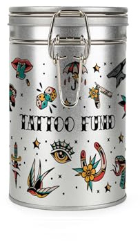Tattoo Fund Money Tin - 600ml Multicolour Metal Clip Lid Savings Canister Gift (14cm x 8.5cm)