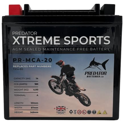 PR-MCA-20 Predator Batteries AGM Motorcycle Starting Battery, 12V 14Ah 180CCA Sealed Maintenance-Free, Replaces YTX14-BS