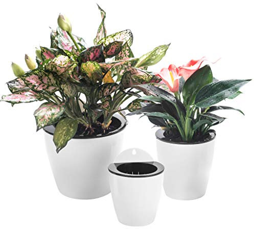 3er-Pack Hängende Pflanzgefäße Selbstbewässernde vertikale Wandmontage Fenster hängen runde Kunststoffbehälter Indoor Outdoor Pflanzen Blumen Küche Living Herbs Holder Dekor Weiß Small+Medium+Large