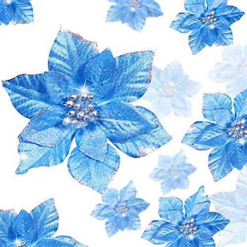 36 Stück Festliche Wishel Neu Glitzer Künstliche Hochzeit Weihnachten Blumen Glitzer Weihnachtsstern Christbaumschmuck ,3/4/6 Zoll(Blau, Stil C)