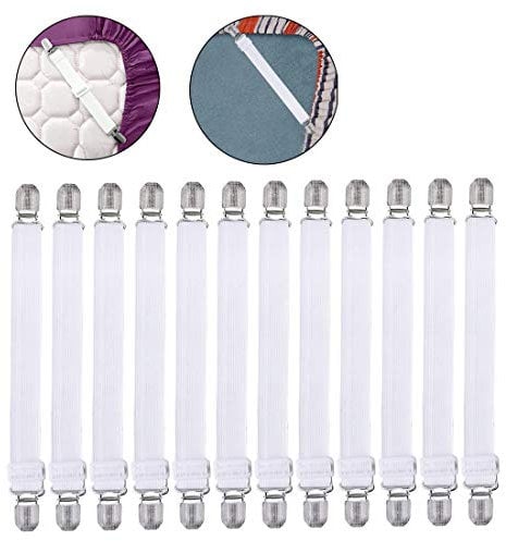 12Pcs Bed Sheet Grippers, Adjustable Bed Sheet Holder Straps Bed Sheet Fasteners Elastic Cross Bed Sheet Clips (White)